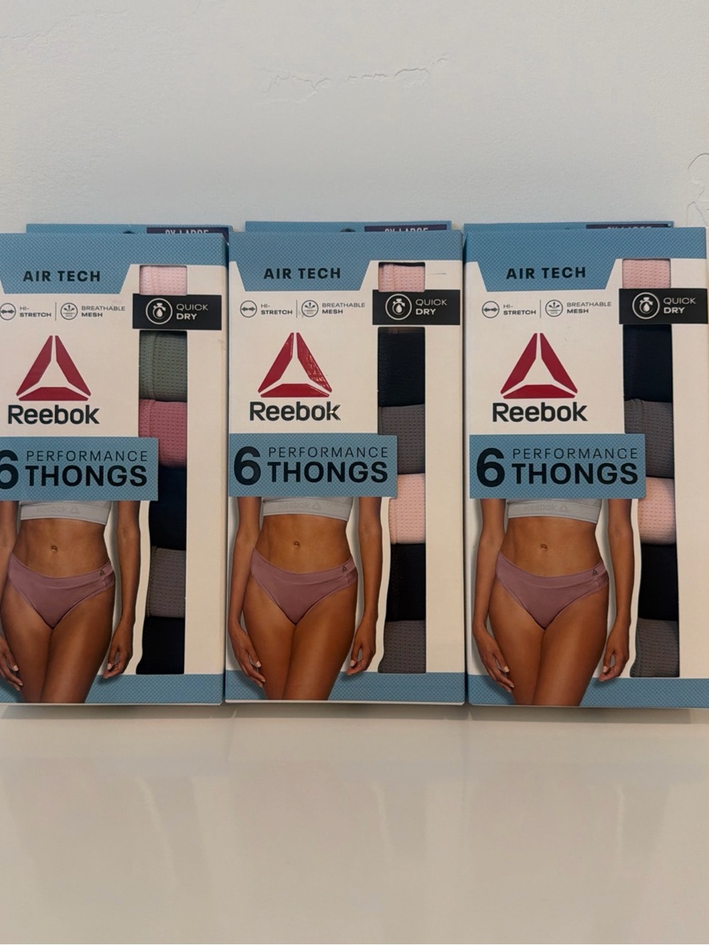 Lot of 3 pack Reebok Air Tech 6Pack Performance Thongs-Light Blue, White, Black - Picture 2 of 4